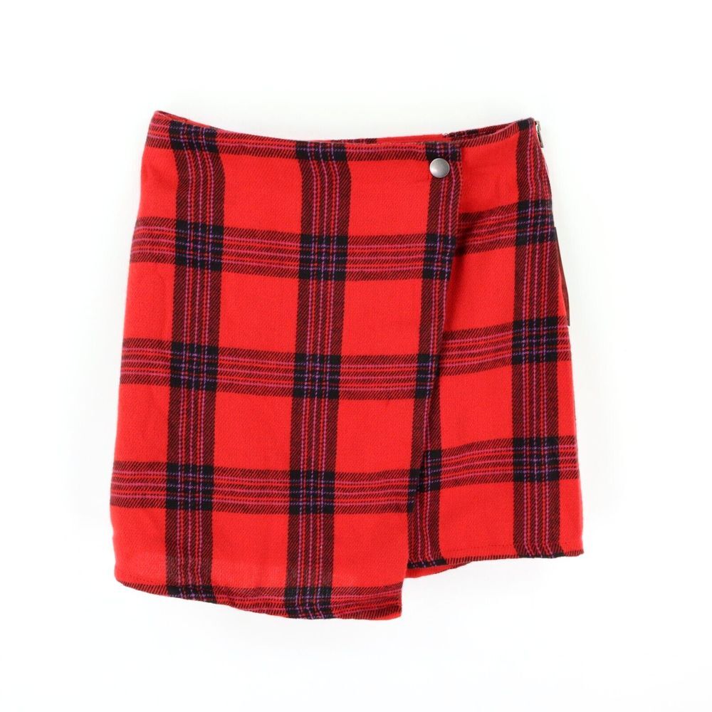 No Boundaries NOBO Pencil Skirt Womens Size XS Red Plaid Short Button Zipper NWT